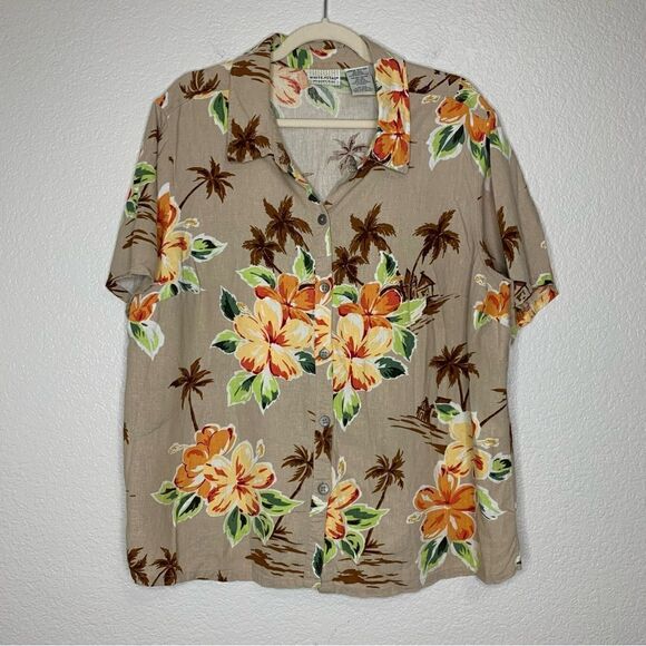 White Stag Tops - White Stag Linen Blend Hawaiian Button Down Women’s Shirt